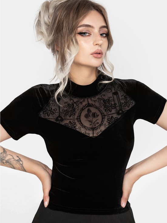 Disturbia Tops - Disturbia Cameo Floral Flocked Mesh Velour High Neck Top